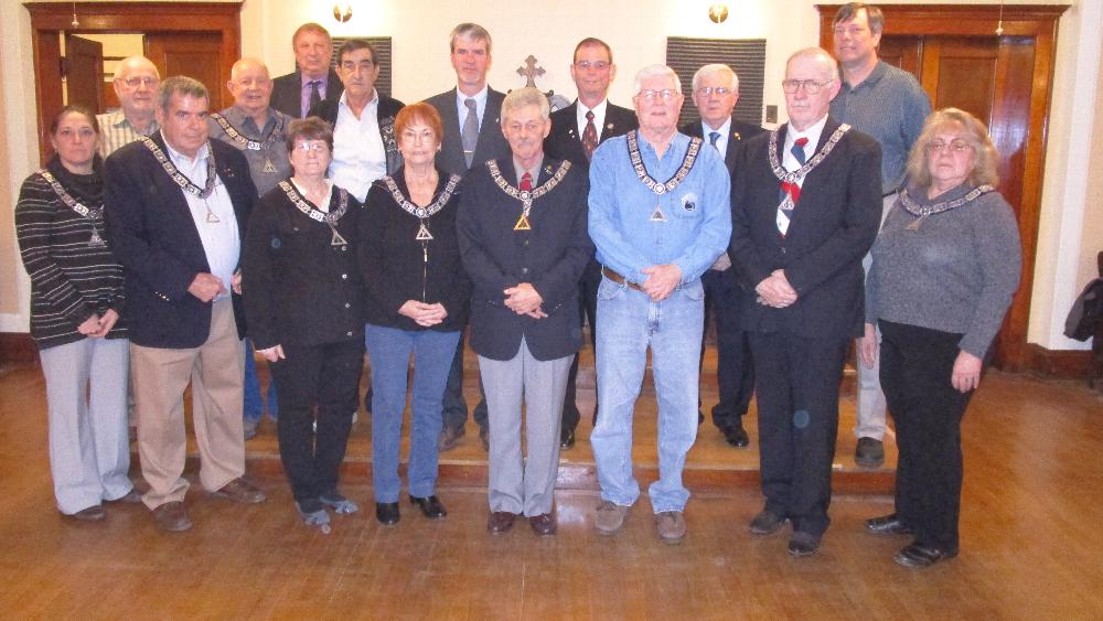 2016-2017 Lodge Officers first row left to right: Barb Bueno, Trustee; Neil Diebler, Esquire; Linda Stoltz, Tiler: Pat Chavez, Secretary; Wayne Stoltz, Exalted Ruler; Bill Probst, Leading Knight; Vince O'Connor, Lecturing Knight; Sherry Probst, Chaplain.
 Second Row, left to right: Robert Jones, PER; Stanton Probst, Loyal Knight; James Costulas, PER; Robert Stewart, PER; John Stewart, PER; Millard Long, PER; Charles Probst, PER.  All PERs acting as Grand Lodge Installing Officers.