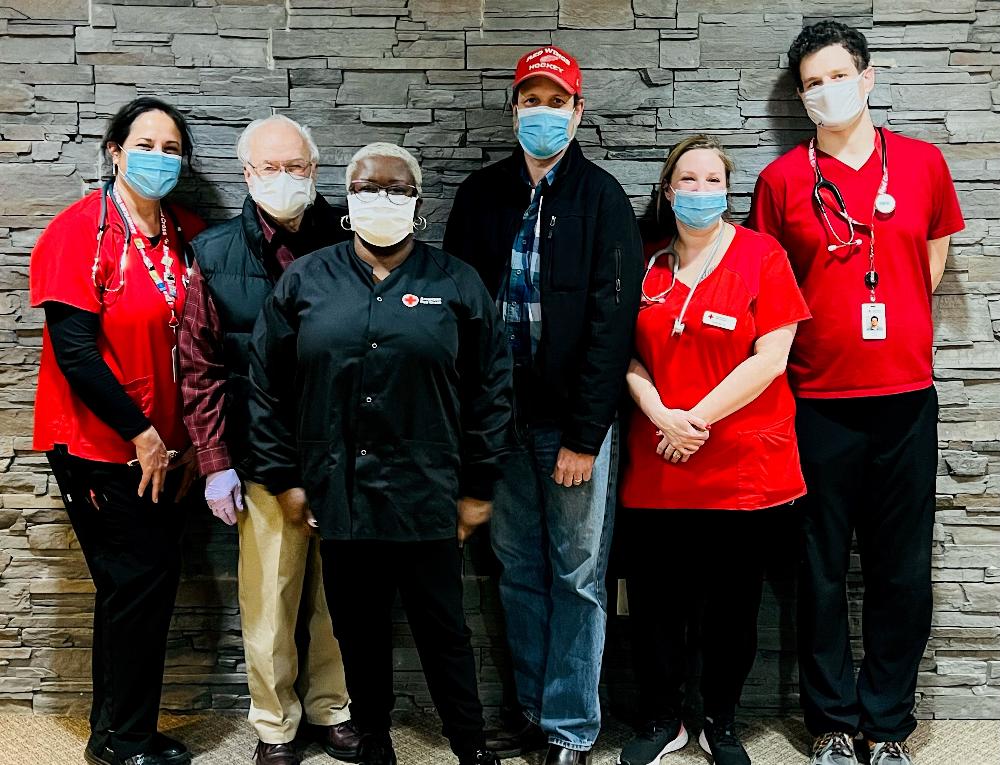 Red Cross Staff pictured (from left to right) are: Kat F, Bill J., Yolanda G., Lodge 343 Chaplain John Cuthbertson, Sarah A. & Nicolas J.