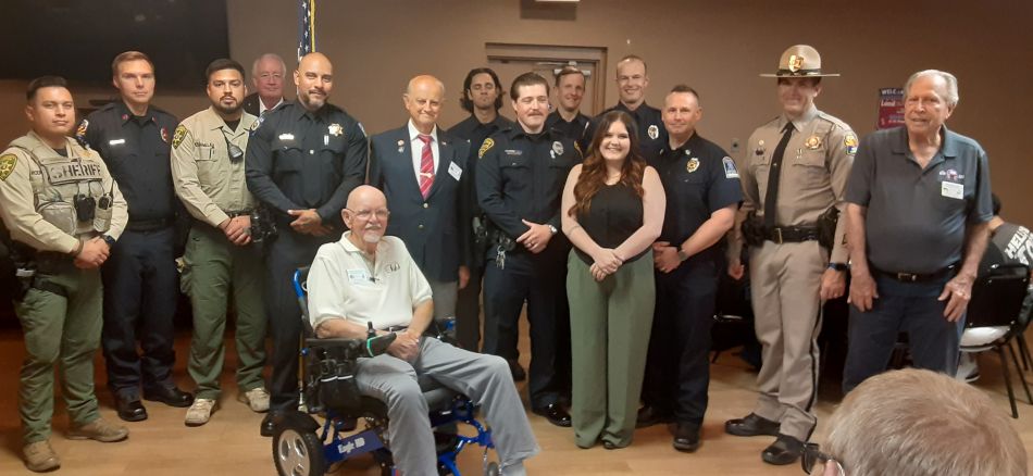 October 10, 2025, Tucson AZ Elks Lodge #385 held its 1st Responders Appreciation Recognition Dinner. Eleven 1st responder's from local 911 dispatch, Pima County Sheriff's, Tucson Police, AZ Department of Public Safety and the University of Arizona  and firefighters from Golder Ranch, Northwest, Tucson Fire and Drexel Heights Fire District and their guests were honored  with dinner and awardee's received a Certificate of Appreciation and gift card from Elks Lodge #385.  PER Wayne Burns (in back), PER Denny Scanlad , ER Bob Crawford (front row) and PER Jim Sanford (right end) with 1st responders.   Thank you for your services!