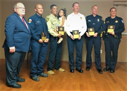 Lodge 385 First Responders 2019 recipients: Left-Joe Riley, Tucson Fire Captain, J. Noriega, Pima Co Sheriff's: J. Quinter/daughter, Northwest Fire D. Bollinger(for J. Clark), Tucson Police S. Payne and U of A Police, C. Spasoff  