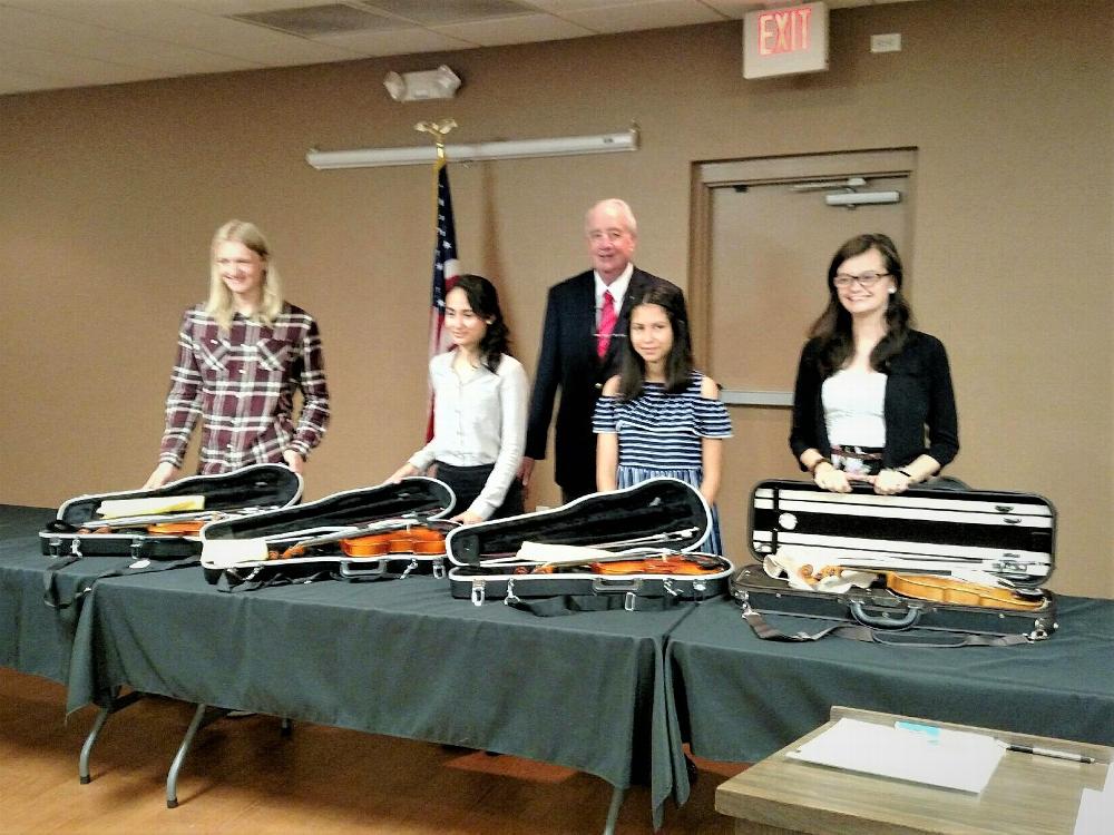 2019 Harry Dobiesz Strings program recipients.  Left to right: Daniel Sullivan; Nicole Custodio; PER Wayne Burns, Chairman Youth Activities; Minnesota More; Kali Beausejour; Not in photo: Kylie Baird; Samuel Rodriguez