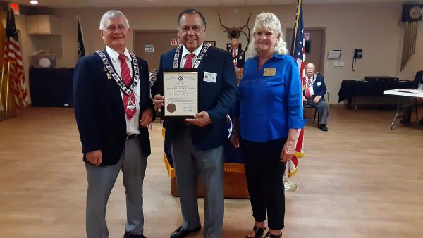 Tucson Elks Lodge #385 Officer of the Year 2022-2023.  L-R, Tucson Lodge #385 PER Association President, Joe Jablonski, Officer of the Year, Jesse Lugo and PER Susan Trecartin. April 25, 2023. 