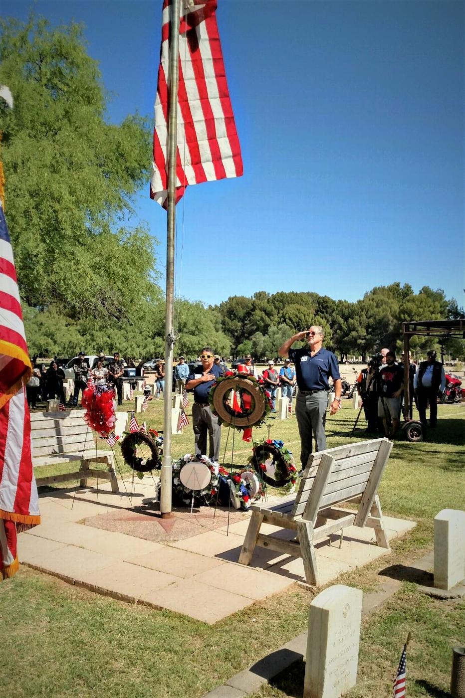 Exalted Ruler Jim Miller and Trustee Abram Lares at 2018 at the Evergreen Cemetery Memorial Day wreath ceremony, Tucson AZ. 