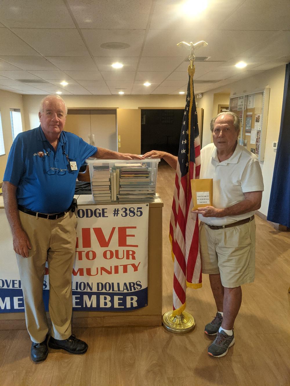 Tucson Lodge 385 members have collected forty eight new books for K - 6 grade patients at the Steele Children Research Center. In addition, sixty four $10.00 gift cards were also donated.  These items will be delivered to the Arizona Elks Association State Convention on May 14th. Through the generosity of Tucson Elks 385 members a total of $1,202.25 goods were donated to support the Steele Children Research Center.

 

Photo Caption
Wayne Burns Exalted Ruler; Jim Sanford Trustee

 