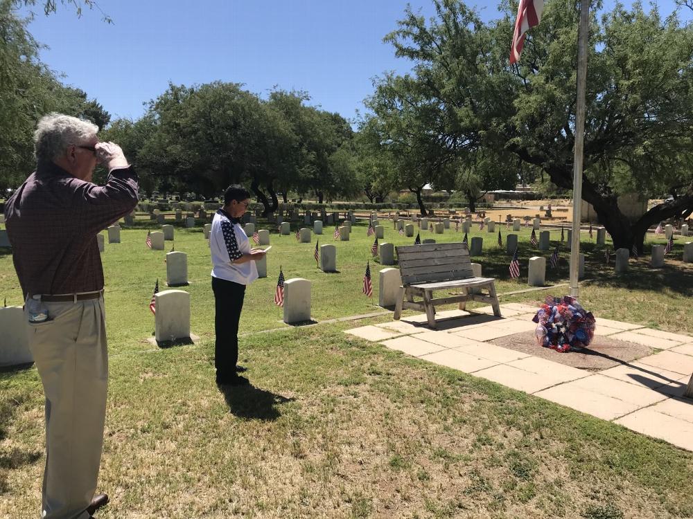 Exalted Ruler Matilda Lopez and Wayne Thompson at the 2020 Evergreen Veterans Cemetery Memorial Day wreath ceremony, Tucson AZ.  