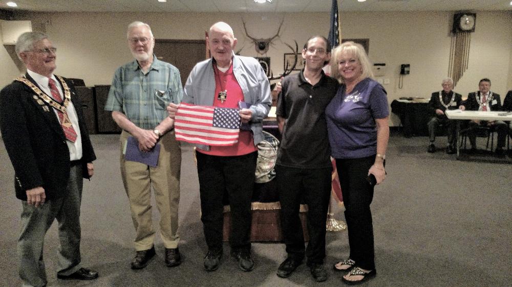 November 2018-new members with ER Joe, left to right Robert Clock (for Show Low Lodge), Kenneth Vandertie, Michael Young and his sponsor Laura.