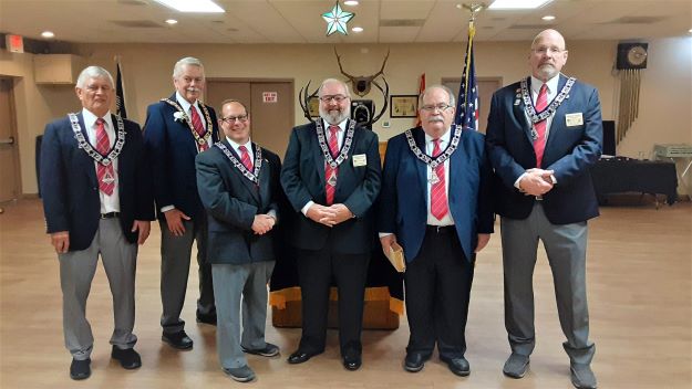 Tucson Elks Lodge #385 Mothers Day observance, May 14, 2023. L-R, Esquire Joe Jablonski, ER Curtis Winters, Lecturing Knight Mark Dunn, Leading Knight Richard Bernard, Chaplin, Joe Riley, Loyal Knight Michael Lessley. 