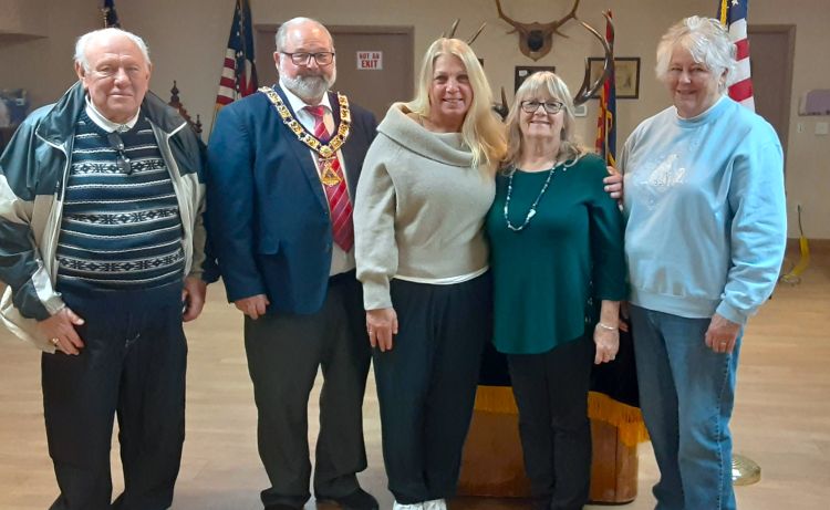 Tucson Elks Lodge #385 newest members:  L-R:  Proposer James Vickers, ER Richard Bernard, new members Jen Vickers, Merry Archunde, proposer Teen Morgan. January 28, 2025