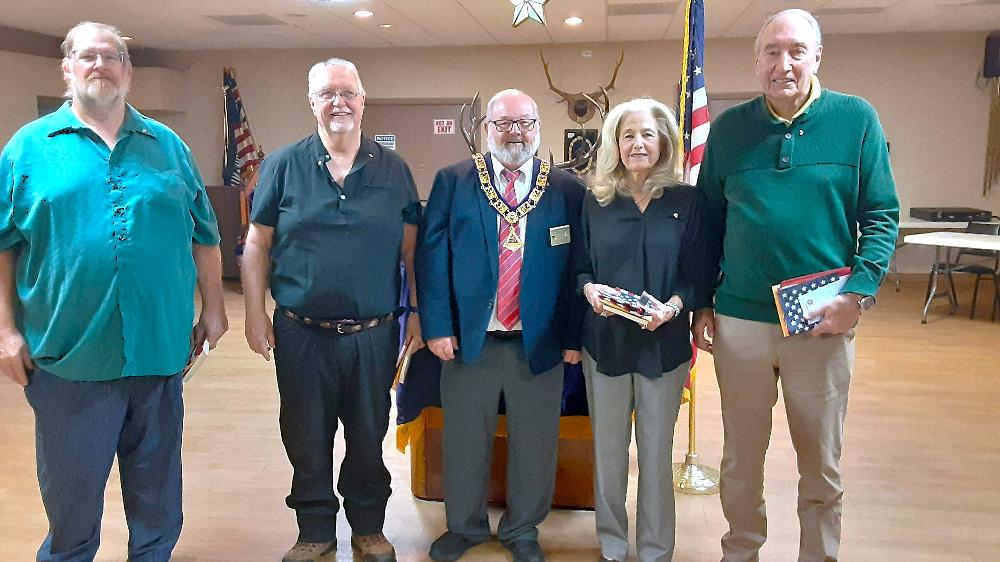 On December 17, 2024, Tucson Elks Lodge #385 newest members. L-R:  David Blackstock, Ronald Schnieder, ER Richard Bernard, Lari Parich, Alan Michaels.  
