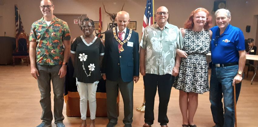 On May 27th, 2025, Tucson Elks Lodge initiated 3 new members:  Left to Right:
Eric Lyons, Gloria Moore, ER Bob Crawford, Steve Morisky, (recent new member Joan Morisky,) proposer Michael Hayden. 