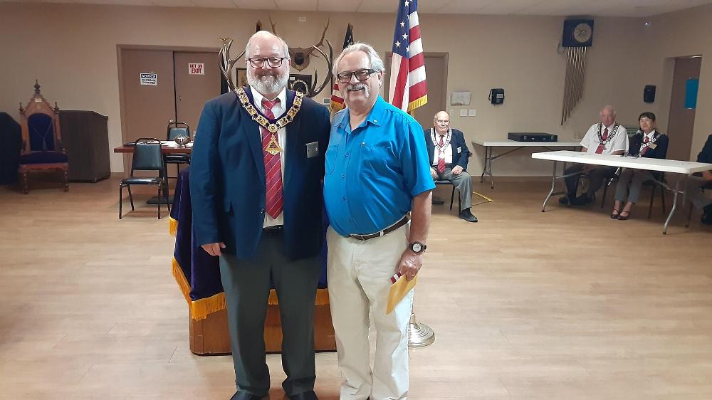 Tucson Elks Lodge #385 newest member-June 25, 2024.  ER and sponsor Richard Bernard with Gary Johnson
