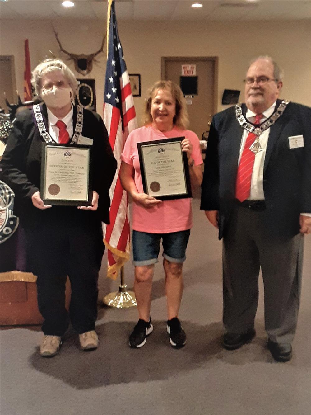 L-R: 2019-2020 Lodge Officer of the Year, Treasurer D. Gnuschke, Elk of the Tear, L. Alvarez, PER, J. Riley