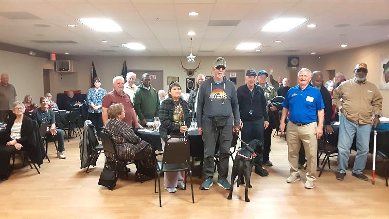 Tucson AZ Elks Lodge #385 Past Exalted Rulers (PER's) Military appreciation dinner.  Guests included 14 Vets from the Tucson area VA blind rehab center.  Veterans in attendance asked to stand for photo.  Lodge #385  PER Association President Joe Jablonski (also a Vet, in blue shirt). Thank you Veterans and all currently serving. January 22, 2025.