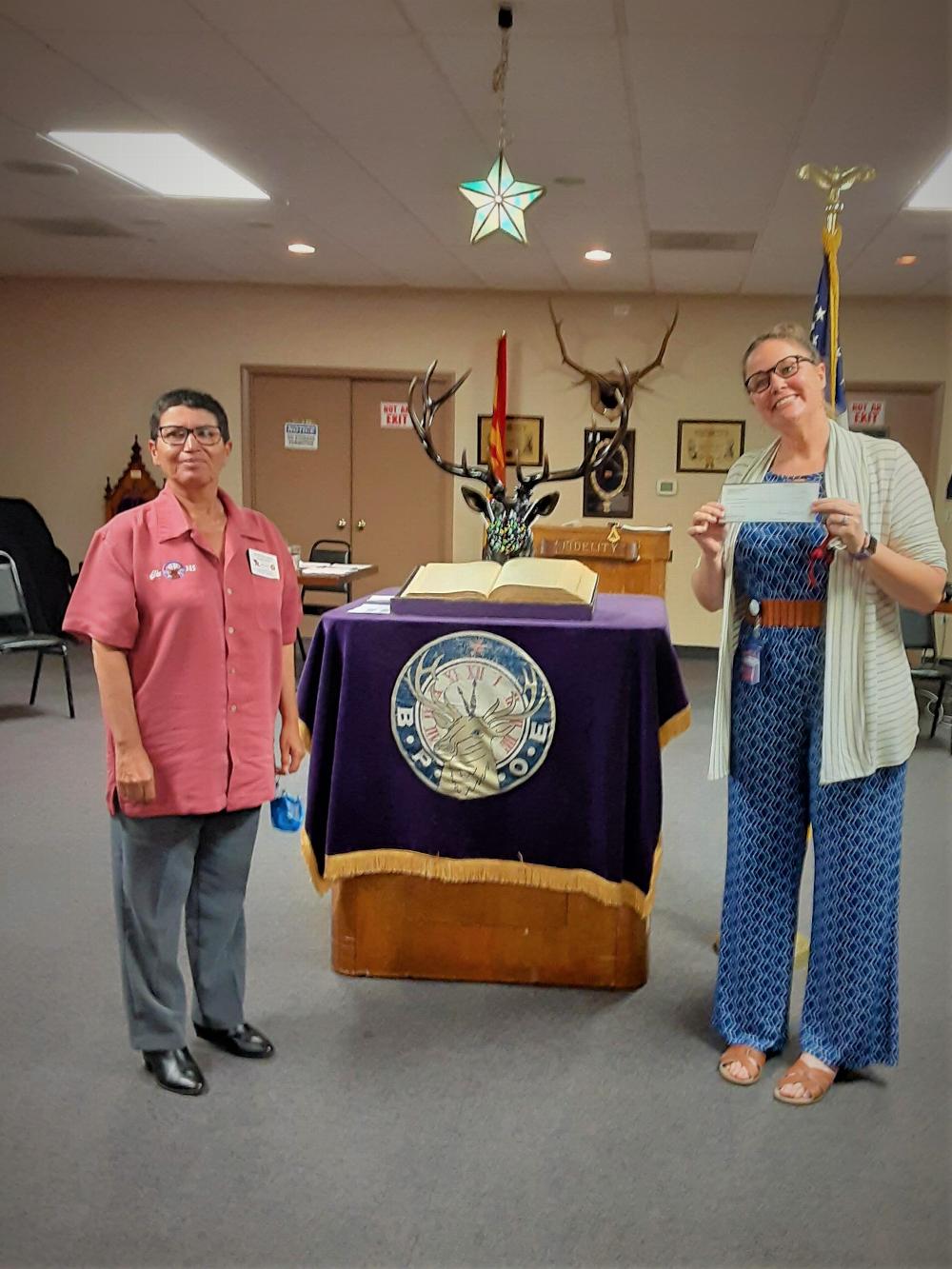 ER M. Lopez and T. Emmerson Tucson AZ Principal of Sunnyside Sierra School/Sunnyside Every Child Foundation receiving a $500.00 from Tucson Elks Lodge 385 for their Program. 
8-18-2020 