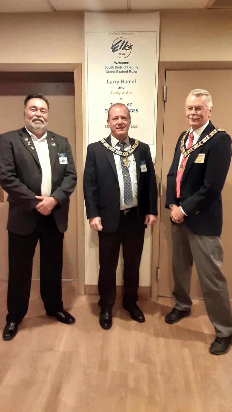 On September 26, 2023, South District Deputy Grand Exalted Ruler Larry Hamel (center) visited Tucson Elks Lodge #385 with his Esquire Alex Arroyo (left), both from Wilcox AZ Lodge # 2131 and Tucson Elks #385 ER Curtis Winters.