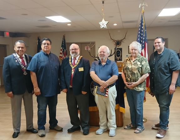 August 20th, 2024, Tucson AZ Elks Lodge #385 3 newest members: (L-R) Trustee/proposer Jesse Lugo, Bernie Romo, ER/proposer Richard Bernard, Jerry Houseman, Teen Morgan/proposer, Andrew Trueblood