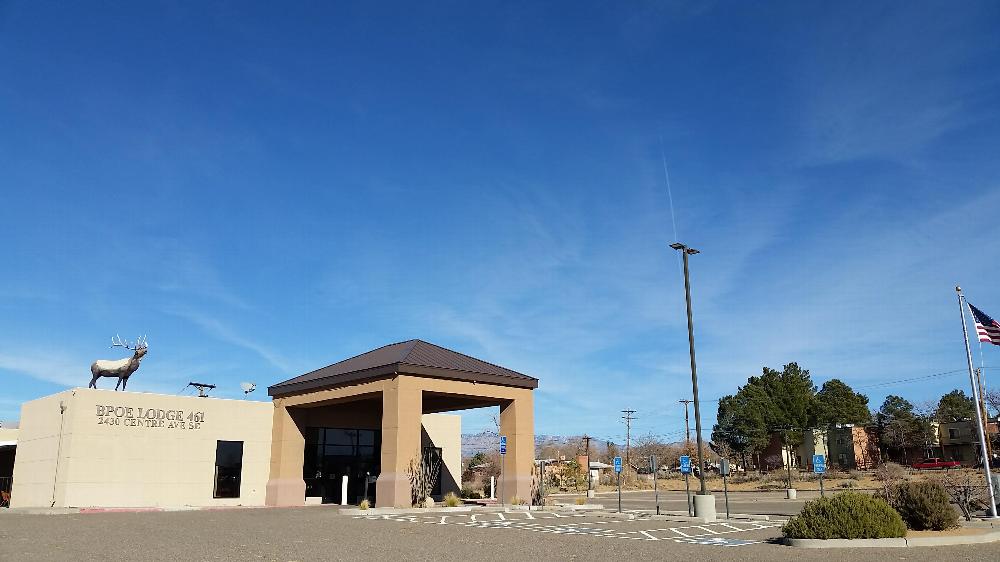 Our lodge front view.  RV hookups are to the right side, in line with the flag pole. 