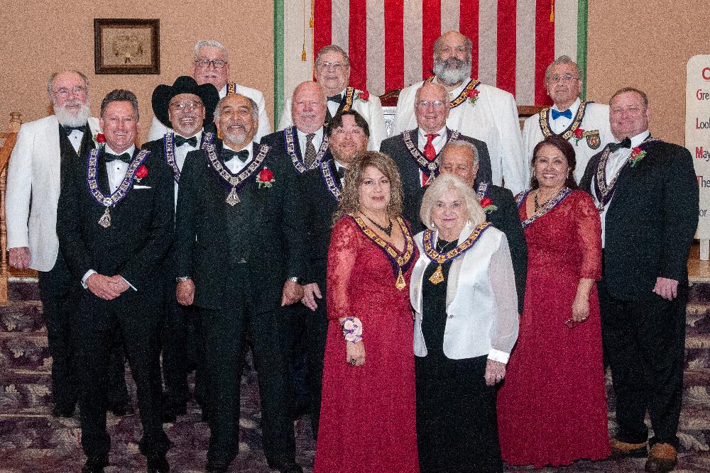 Installation of 2023/2024 Officers - Back row: PER Neil Yeager, PDDGER Ben Ortega, PDDGER Frank Frazier, PDDGER RA Picket, PDDGER Vern Valenzuela; 2nd row Loyal Knight Wayne Hammack, Trustee Javier Ramos, Lecturing Knight Joe Gonzalez, Trustee Wolfgang Kupka, Chaplain Rich Xifo, Trustee Bob Harrison, Inner Guard David Miranda, Leading Knight Matt Stadtler; front row - ER Laura Fiallos, PDDGER Clara Miller-Conklin, Secretary Sonia Solis.