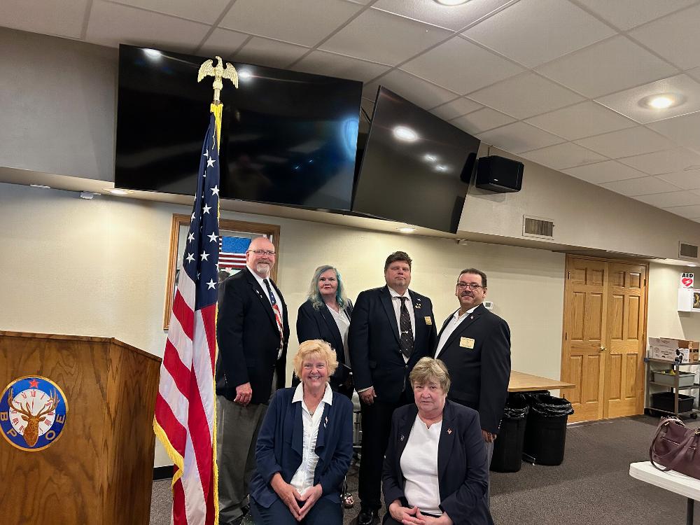 Officers at Lodge 693 for Flag Day Ritual 2024
from left to right, back row Esquire Bob Zueger, Loyal Night Becki Nightingale ,Exalted Ruler Tom Derrie, Leading knight Frank Gillies, back row Chaplain Karen Shirek  and Secretary Marilyn Gillies.