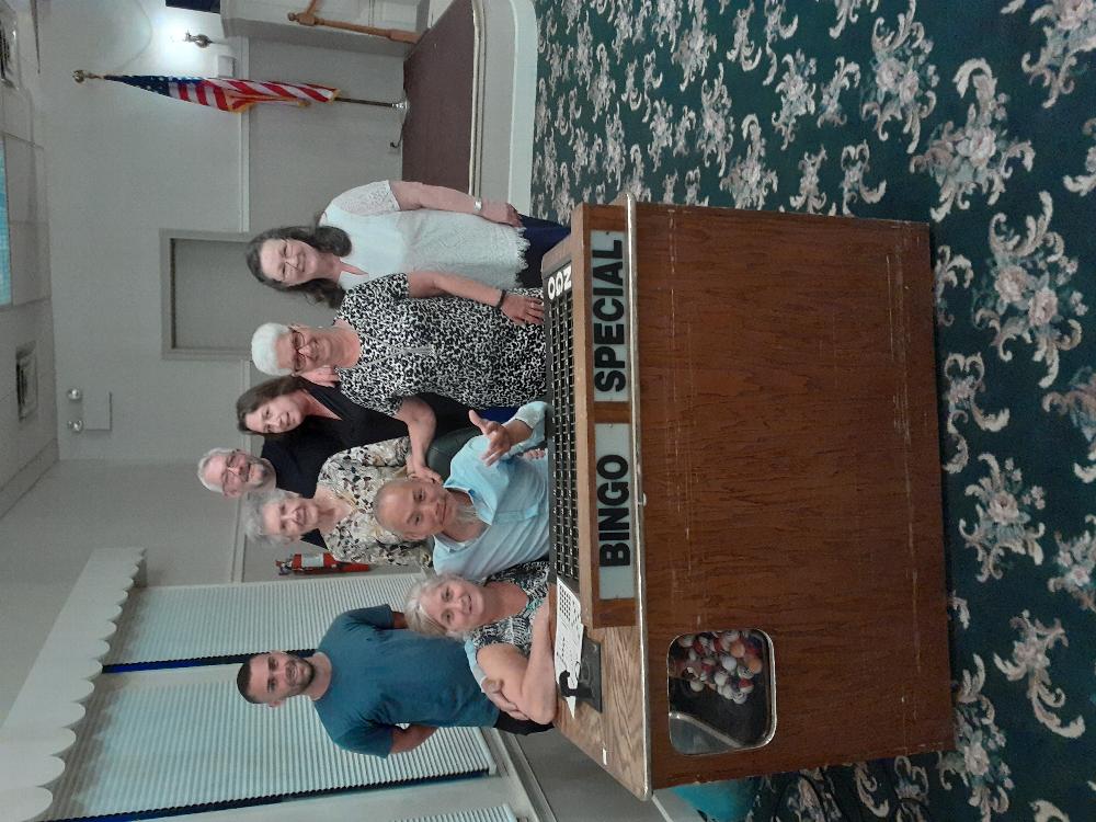 Happy winners at May 2021 BINGO standing behind Event Organizer Karen Calabro and Number Caller Bill Kucera, Lodge Treasurer.