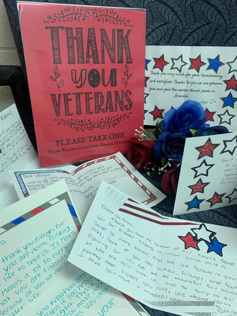 Veteran's Day Thank You letters given to Dining Vets, written by local Middle-High School students.