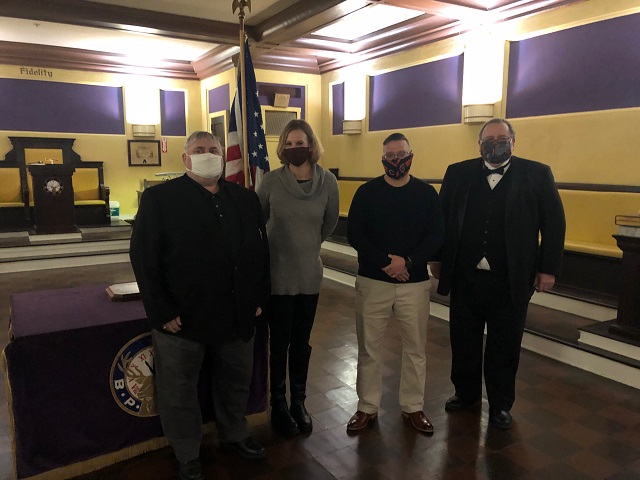 Treasurer Dan Martin, newly initiated (2/18/2021) members Maria Cole, Dustin Root, and Dustin's sponsor, Secretary Tim Sayers