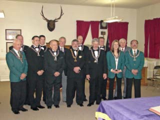 The Officer Core.  Back (L-R): Organist Bob Wisor, Esquire Dan Nelson, Trustee Harold Peterson, Est. Leading Knight Dave Holmes, Est. Leacturing Knight Tom Holden, Trustee Joe Yurky; Front (L-R): Tiler Bill Sicks, Est. Loyal Knight Jaxen Herrington, Inner Guard Jack Herrington, Exalted Ruler Pete Byron Chaplain Ed Storck, Secretary Amanda Buzard, Treasurer Lincoln Olenick.