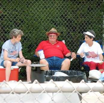 Jul 4th Hot Dog & Hamburger Chef at rest, receiving instructions from the Ladies!