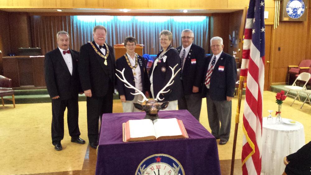 DDGER Larry Lucas visit to Mendota Elks lodge. Left to Right: David Neel Jr., DDGER Larry Lucas, Exalted Ruler Nancy Jackson, Lodge Secretary Gail L. Sessler, Jan Vehmeier, Richard Card