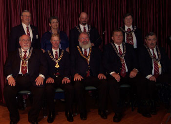 2012 2013 Installation Ritual Team and Officers at the Oregon State Elks Association Ritual Contest at Ashland Lodge #944 on June 2, 2012.  Front Row: Inner Guard Jim Witt, Leading Knight Nate Hoffman, Exalted Ruler Greg Reddell, Loyal Knight PER Mike Swisher, Lecturing Knight PER Larry Johnson.  Back Row Coach PER Bob Shaw, Candidate PER Donna Baccelli, Esquire PER Jesse Clark, Chaplain Ivy Bruce.