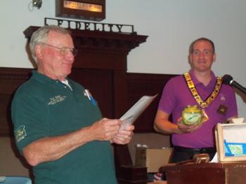 North Central Vice President Dan Lowe presents Exalted Ruler Andrew Worden with Corn Dog Bucktooth the Frog.  Sept. 12th, 2013