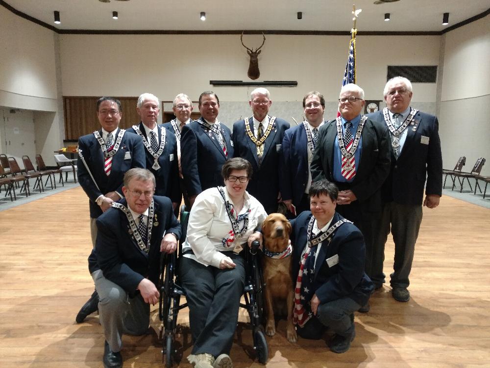 Congratulations to the 2017-2018 Officers of Scottsbluff ELKS LODGE #1367.

Left to Right. Esquire Mike Mawhinney, Leading Knight - Terry Haney, Past State President - Gary Cannon, Treasurer - Steven Thomlison, Exalted Ruler - Randy Walerich, Chaplain - Scott Anderson, Trustee - Gary Bloomgren, Trustee - Glen Fillinger.
Front Row: Loyal Knight - Tom Winn, Inner Guard - Heather Walerich, Service dog - Logan, Secretary - Sheryl Wallerich.