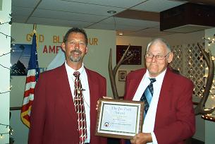 EXALTED RULER MATT PIEPER PRESENTING THE JOE PATTI AWARD TO BERNIE KORWES, PER.  ACCEPTING THE AWARD FOR BERNIE IS CHARLIE WAID.