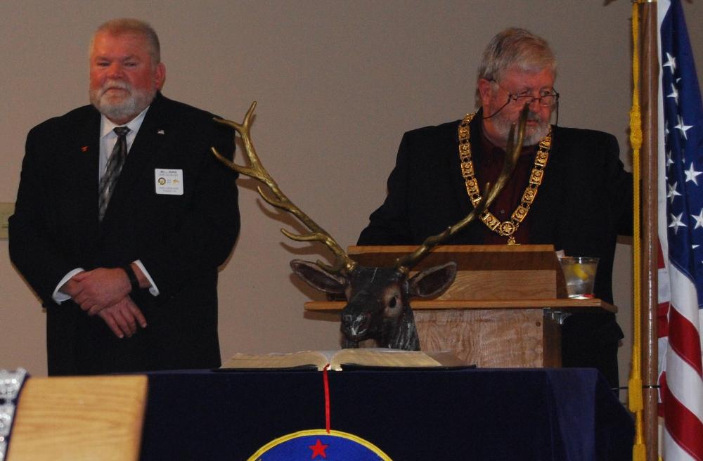 <b>Installing officer Terry Mitchell, PER prepares to install Bill Roper, PER as Exalted Ruler for 2018-19.</b>