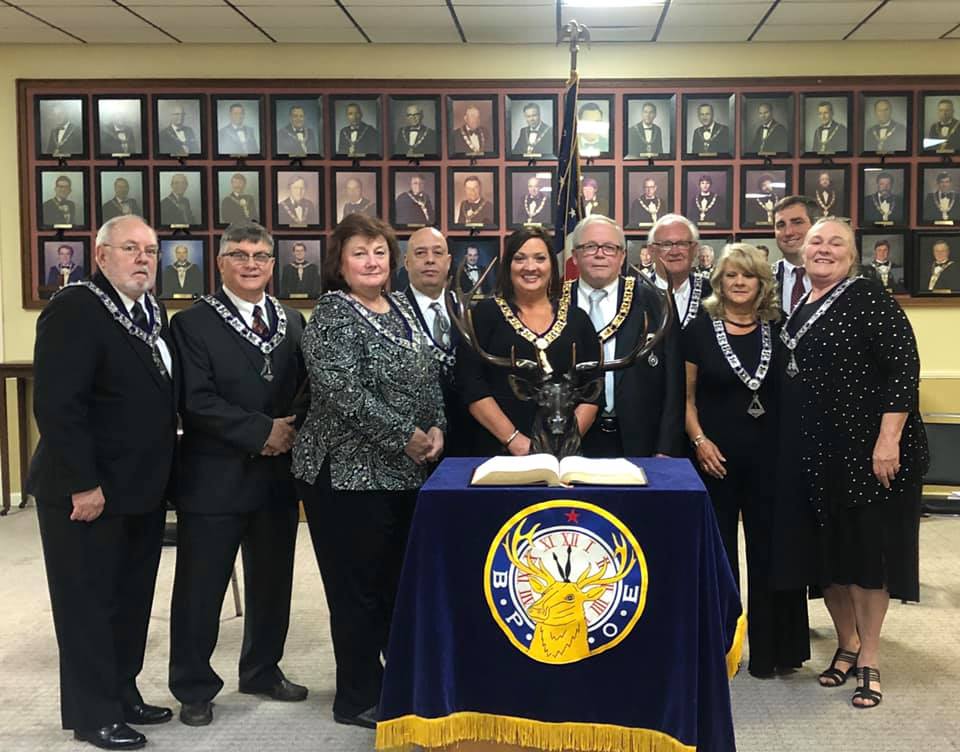 2021-22 Installation of Officers
Officers from Calhoun 1883 were installed on April 6 by Georgia Elks Association Past State President Steve Spradley. Pictured L-R: Eugene Piker Penn Treasurer, Chuck Ruth Esquire, Lynn Dee McDonald Esteemed Leading Knight, Carlos Ruiz Esteemed Lecturing Knight, Marilyn Lusk Roland Exalted Ruler, GEA PSP Steve Spradley, Caris Roland Trustee, Linda Johns Tiler, Jonathan Edwards Edwards Secretary, Pam Chastain Esteemed Loyal Knight. Not present were Chaplain/Trustee Shirley Woodall, Trustee Betty Hegwood and Inner Guard Edward McDaniel.