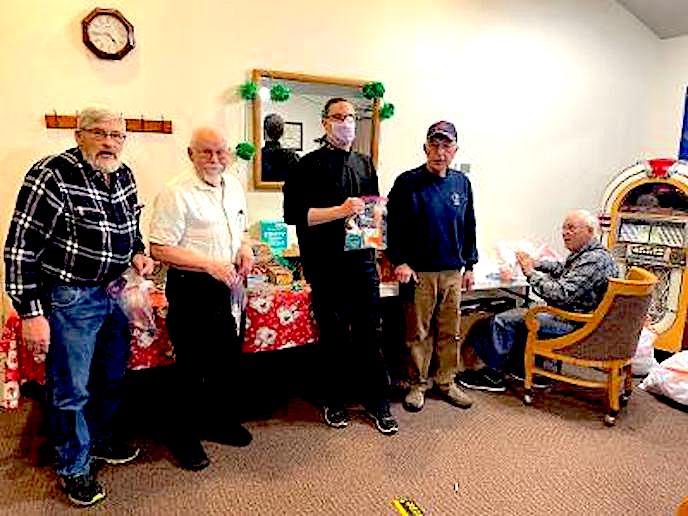 Pictured are Leading Knight Tom Eckhardt, PER Bill Lakers, VAVS Rep Dan Halkett, Secretary (PER) Ray  Lisberger and Trustree LeRoy Fuehrer.  Not pictured PER Art Ashley,
They put together snack bags for the 140th Colorado Air National Guard.