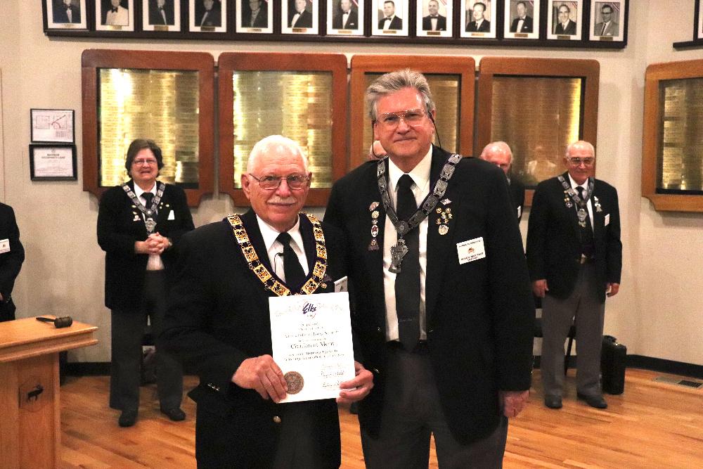  Certificate of Merit, less than 2% of membership loss.

Exalted Ruler,  William Lakers, (DDGER) Lodge Secretary, Thomas Welch.
