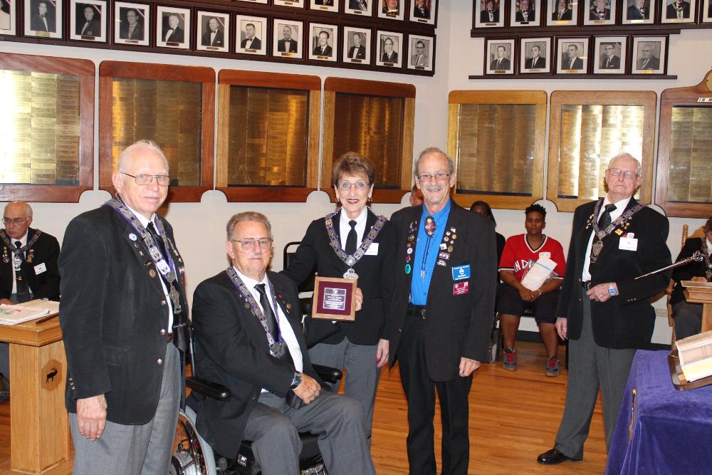 Image 7276, left to right PDDGER, ENF District Chairman William Lakers, Lodge Trustee Ken Findlay receiving ENF Bronze Recognition, Lodge ENF Chairperson Arliss Guerrero, Colorado Elks Association 3rd Vice President and State ENF Chairman Tom Root, PDDGER, Lodge Esquire Marcus French.

