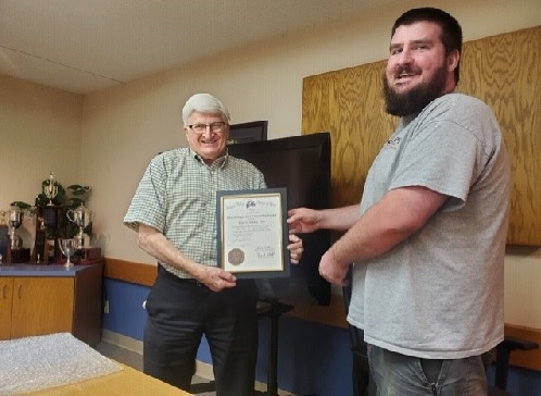 PER Matt Schatz received the Elks Citizen of the Year award from Exalted Ruler Jonathon Ward at Pierre Elks Lodge #1953's October 7, 2020 meeting.