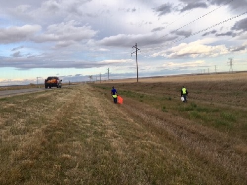 On October 14, 2020; some members of Pierre Elks Lodge #1953 gathered to clear garbage in the ditches along a two mile portion of Highway 14 east of Pierre.  The lodge sponsors the road section as part of the Adopt a Highway project.