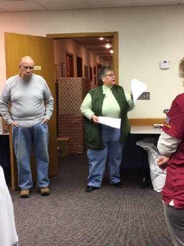 Before the sorting of 2019 donations started, Pierre Lodge Secretary Audry Ricketts explained the process to members and volunteers.  Over $25,000 of items-from clothing to shampoo, games to calendars, were given for veterans.