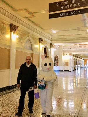 Steve Wegman of the Pierre Elks Lodge brought a special visitor to the Governor's Office April 16, 2019--a few days before the 66th Annual Elks Easter Egg Hunt was held on the lawn of the Governor's Residence in Pierre.