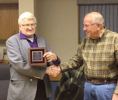 Matt Schatz accepts an Elks National Foundation Bronze Circle Award from ENF Chairman Dwight Pogany at the November 20, 2019 meeting of Pierre Elks Lodge #1953.