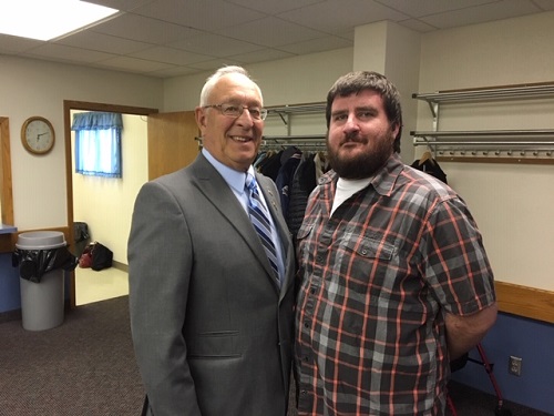 State President Kyle Elinkiwich shown here with Pierre Elks Lodge 1953 Exalted Ruler Jonathon Ward at the 2019 Old Timers Night.