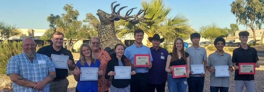 On Wednesday, June 5th, the Scholarship Committee hosted the Scholarship Winners and presented their scholarships for this year. We were proud to award $1500.00 in Scholarships to these winners!
Pictured above: ER Chris Turner, Mark Christensen (recipient), Tylee Schapler (recipient), Kevin Steele (Scholarship Chairman), Alexandra Kahn (recipient), John Masche (recipient), Bill Santee PER, Taylor Conley (recipient), Nicholas Klinefelter (recipient), Miles Prince (recipient), and Palmer Alig (recipient).