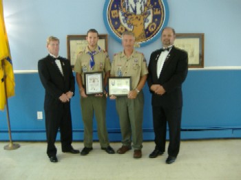 Eagle Scout Anthony Higgins accepts Awards From Sussex Lodge #2288
From left to right:
Leading Knight Tim Doyle, Eagle Scout Anthony Higgins, Scout Master and Member Rich Flynn, Exalted Ruler Steve Clark