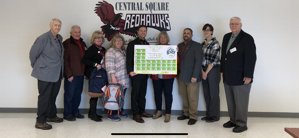 PER Lee Ireland, Trustee Stan Chesneski, Secretary Cheryl Chesneski, Lecturing Knight Joe Andrews and Treasurer Bob McIntyre present 30 - $25.00 Walmart gift certificates to he Administration at Central Square School District. The donation was made possible by an ENF Gratitude Grant. (December 2018)