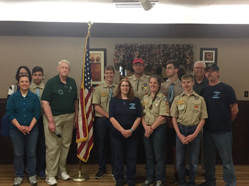 On Sunday May 13, 2018 members and adults of Boy Scout Troop 60 located in Warners, NY assisted our Lodge in serving over 450 breakfasts to patrons who came out to celebrate Mother’s Day.  For numerous years now, Troop 60 Scouts, and their Leaders and parents, have assisted our Lodge in serving breakfasts to our friends and neighbors who  come out to enjoy our monthly breakfasts. Troop 60 also helps with our annual Fall grounds cleanup and they participate in our June Flag Day Ceremony and at our annual  December Memorial Service. On Sunday our Lodge, with great gratitude to them, presented the Troop with a check for $750.00 to assist in buying camping equipment and supplies. The funds for the gift came from a Community Gratitude Grant recently received from the Elks National Foundation. 