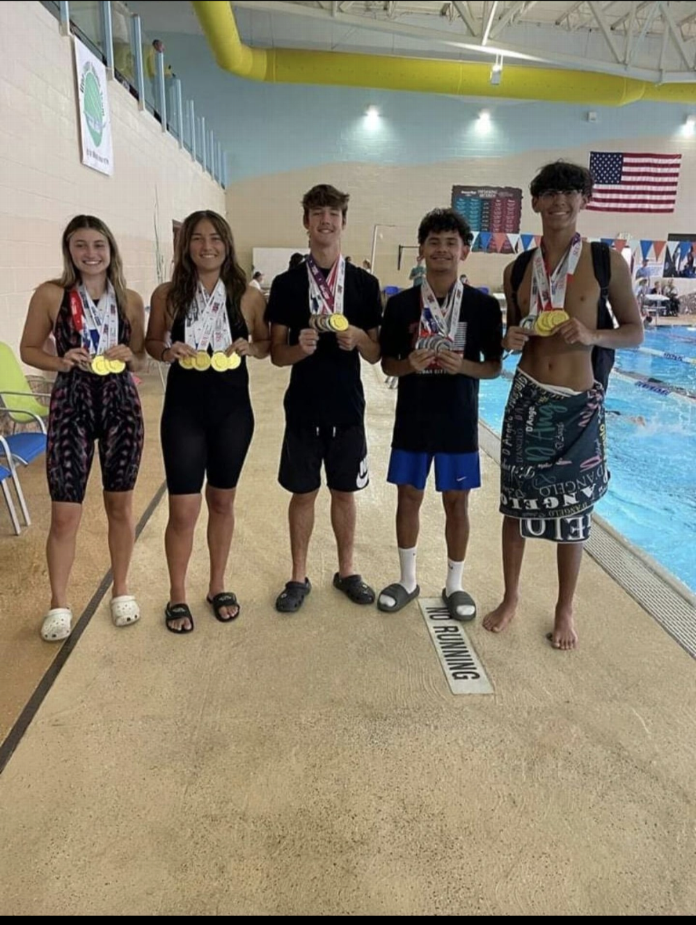 The Bullhead City Barracudas are swimming it up in Utah! The swim meet was a success! The team won dozens of medals and broke multiple team records! Way to go Barracudas! The team will be back next year! Thank you to the Bullhead City Elks for your generous donation! Pictured left to right:Emily Hamilton, Marissa Brisco, Gavin Gledhill, Chris Fernandez and DJ Saleme.