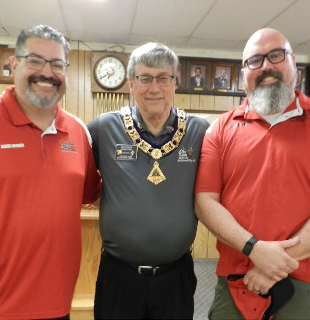 Pictured left to right; President of the Bullhead City Barracuda Swim team , Bullhead City Elks Exalted Ruler Walt Honse and Bullhead City Barracudas Swim Coach Dr. Ryan Proctor. The Bullhead City Elks gave a generous donation of $500.00 to the Barracudas. Go Barracudas!